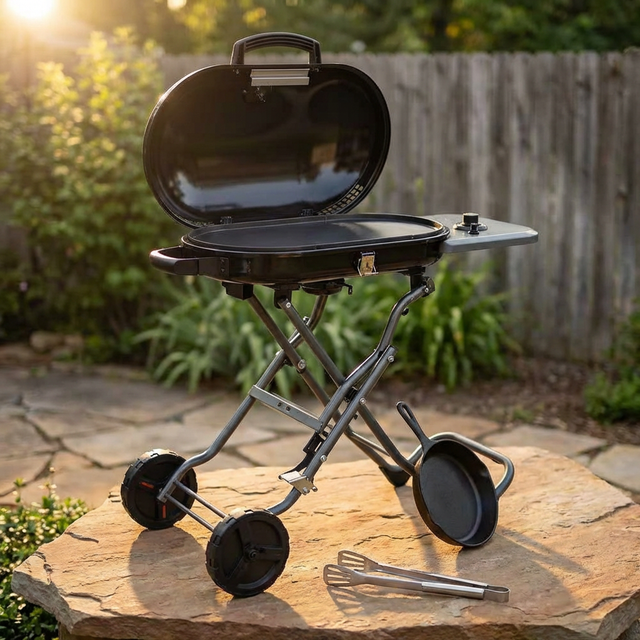 Portable in Black Propane Grill Folding Gas Grill Griddle with Wheels and Side Shelf — Studio Shot