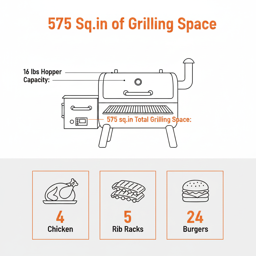 8-In-1 Wood Pellet Grill Smoker Outdoor Cooking, 575 Sq in Cooking Area, Wifi Control, LCD, Meat Probe, 500°F Max, Black