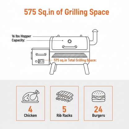 8-In-1 Wood Pellet Grill Smoker Outdoor Cooking, 575 Sq in Cooking Area, Wifi Control, LCD, Meat Probe, 500°F Max, Black