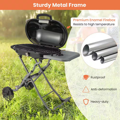 Portable in Black Propane Grill Folding Gas Grill Griddle with Wheels and Side Shelf