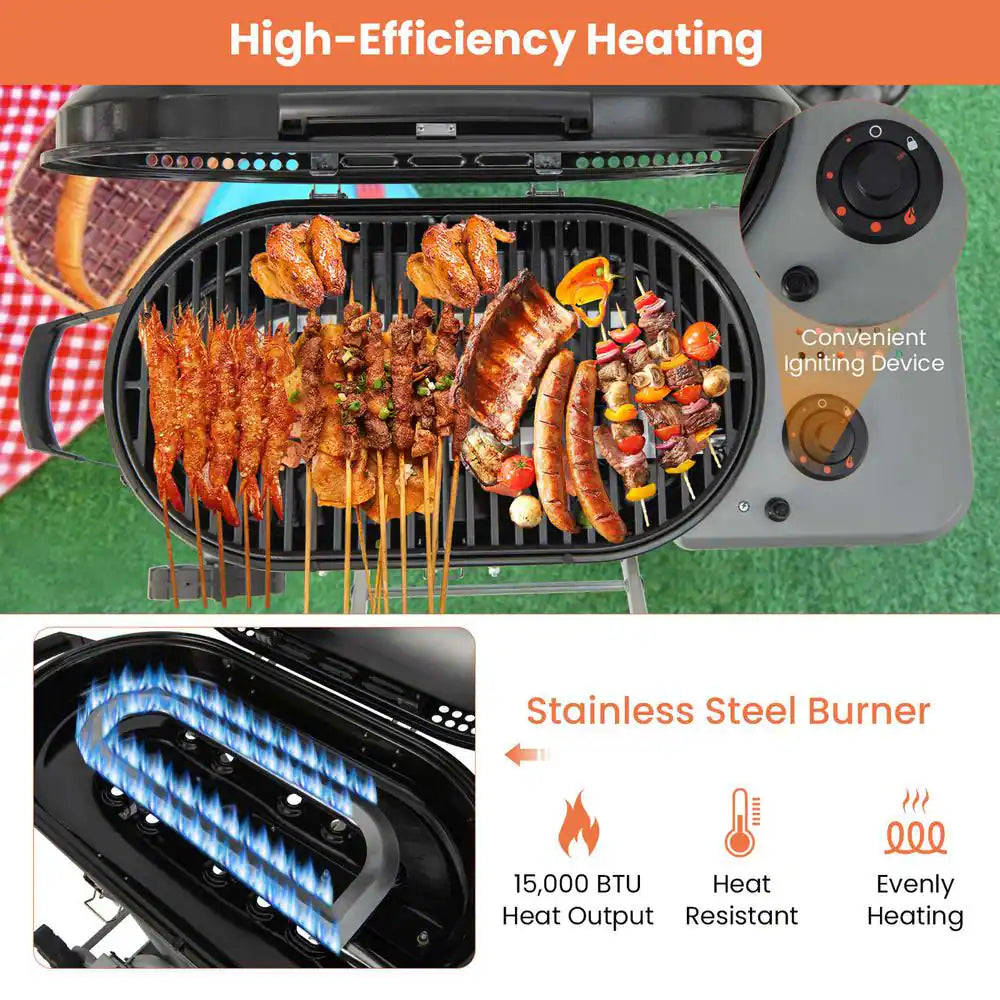 Portable in Black Propane Grill Folding Gas Grill Griddle with Wheels and Side Shelf