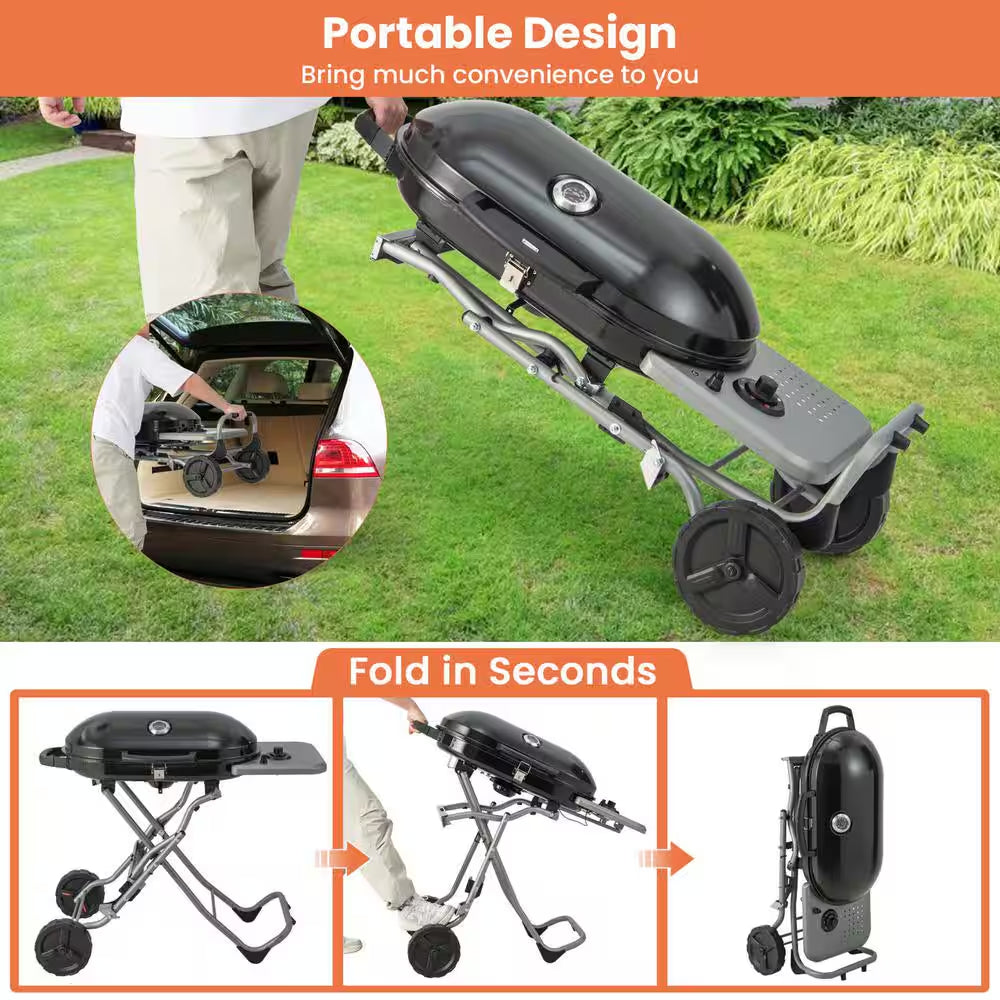 Portable in Black Propane Grill Folding Gas Grill Griddle with Wheels and Side Shelf
