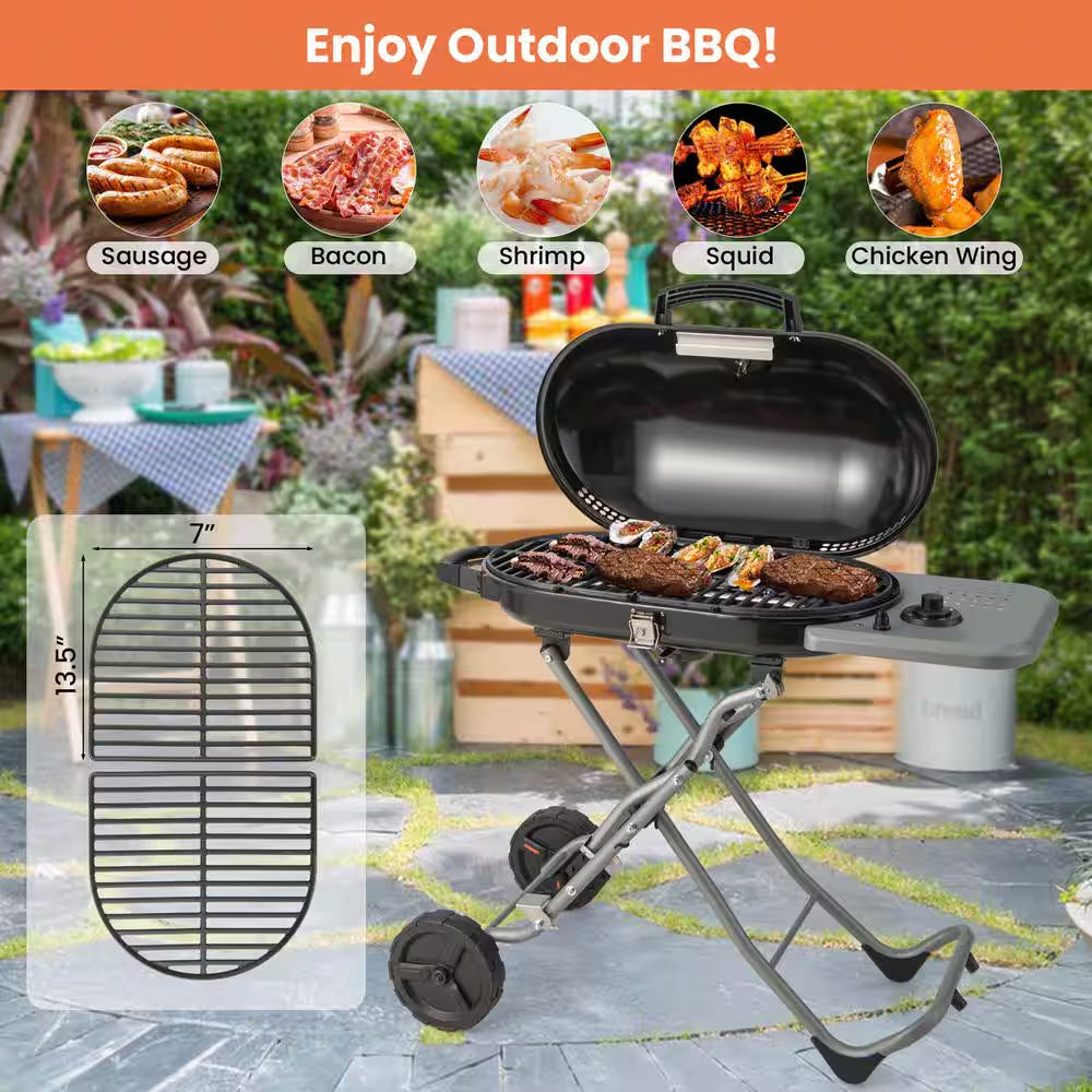 Portable in Black Propane Grill Folding Gas Grill Griddle with Wheels and Side Shelf