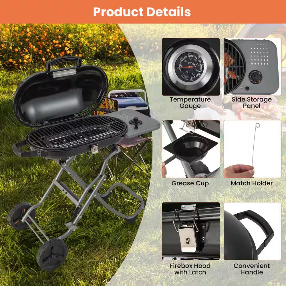 Portable in Black Propane Grill Folding Gas Grill Griddle with Wheels and Side Shelf