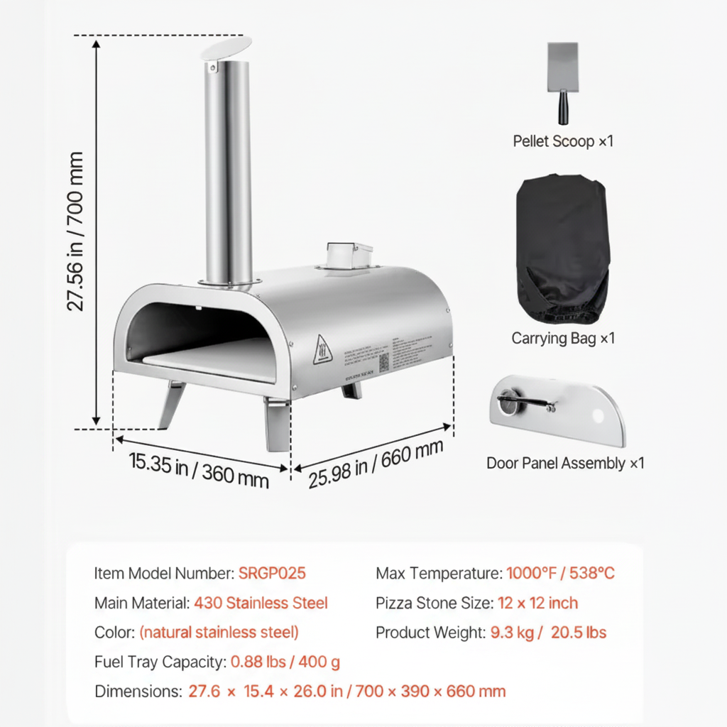 Pizza Oven Outdoor, 12 In. Pellet Pizza Oven, Portable Pizza-Stove, Wood Fired Stainless Steel Pizza-Maker
