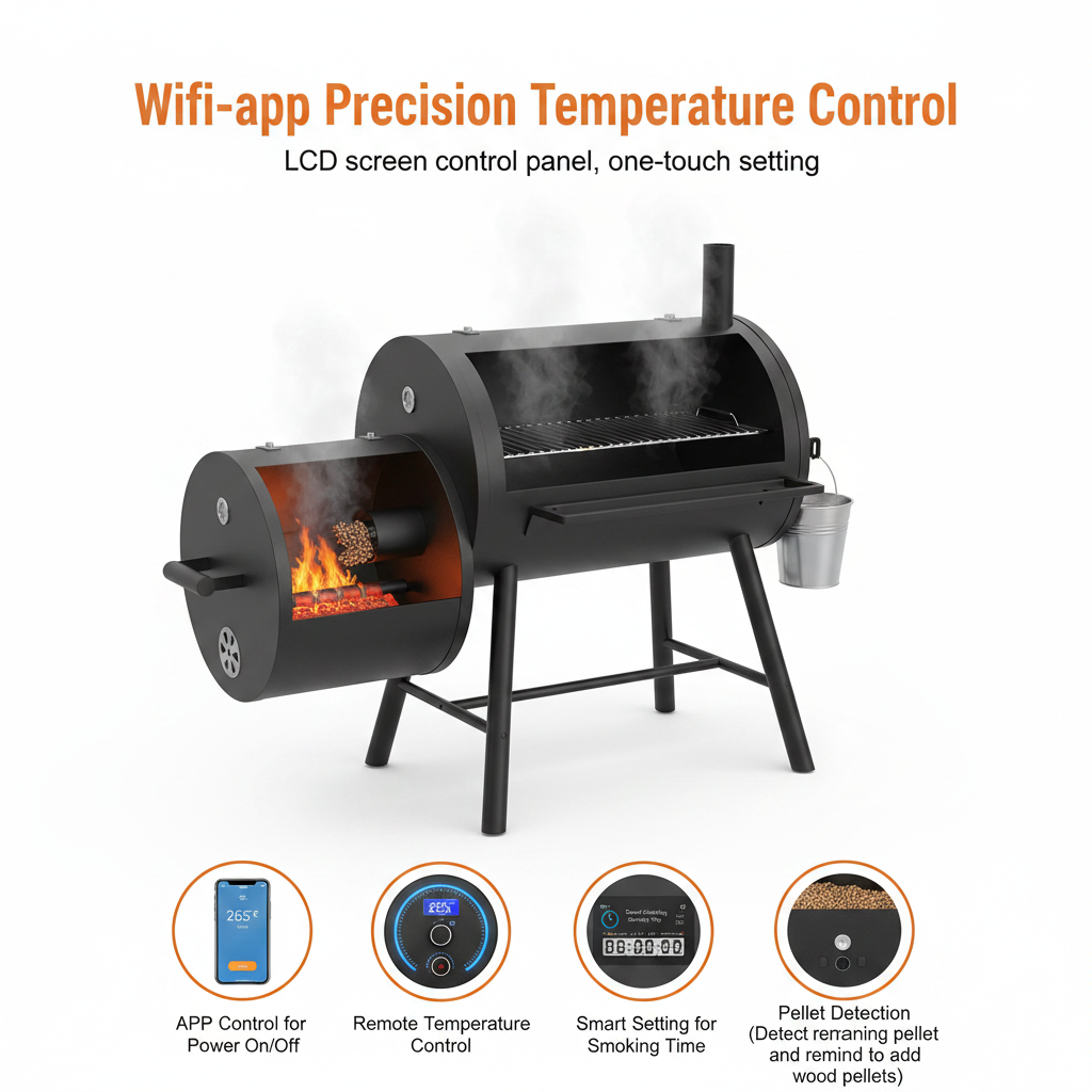 8-In-1 Wood Pellet Grill Smoker Outdoor Cooking, 575 Sq in Cooking Area, Wifi Control, LCD, Meat Probe, 500°F Max, Black